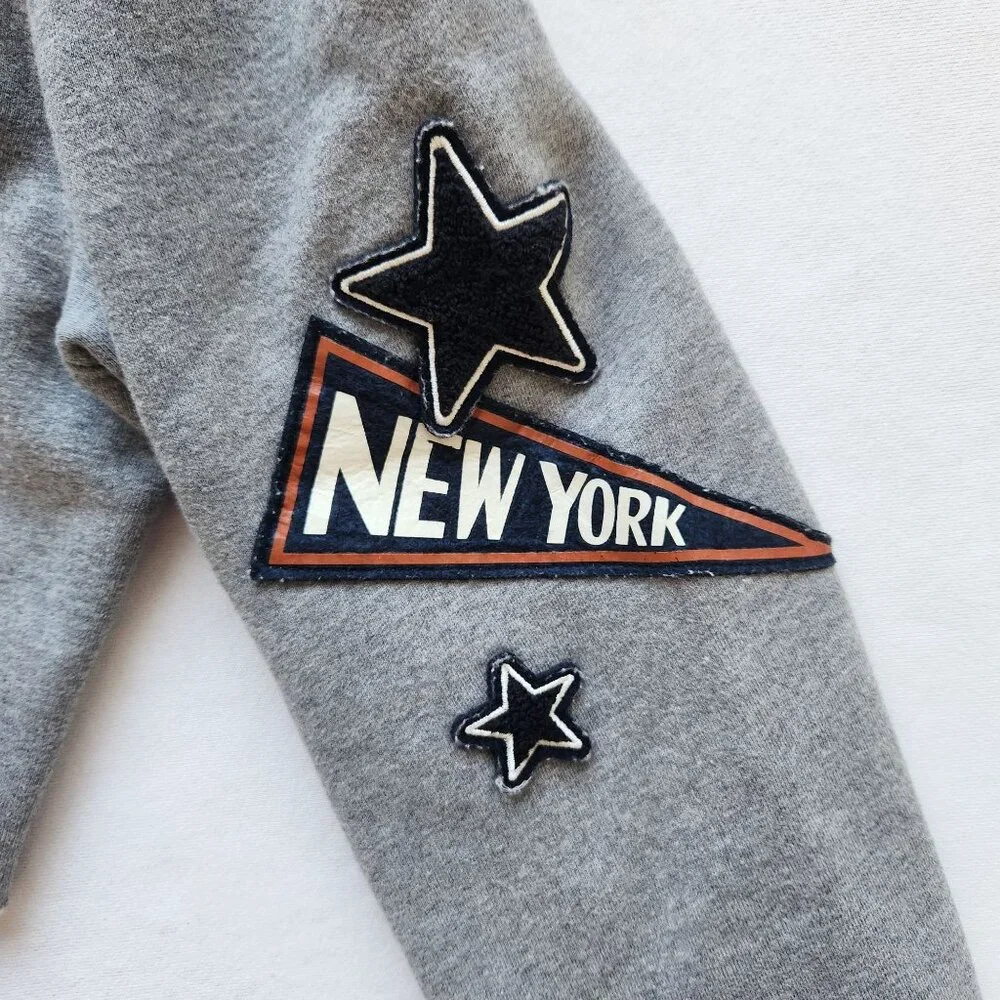 Gray Cropped Sweatshirt New York Floral Patches Upcycled Cute Casual Gym Sporty - Picture 7 of 11